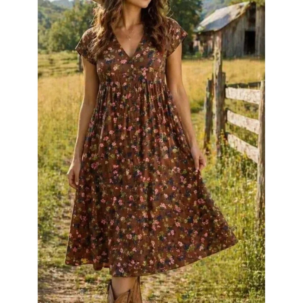 NEW Natural Life Avery Floral Corduroy Midi Dress V-Neck Large Brown Pink